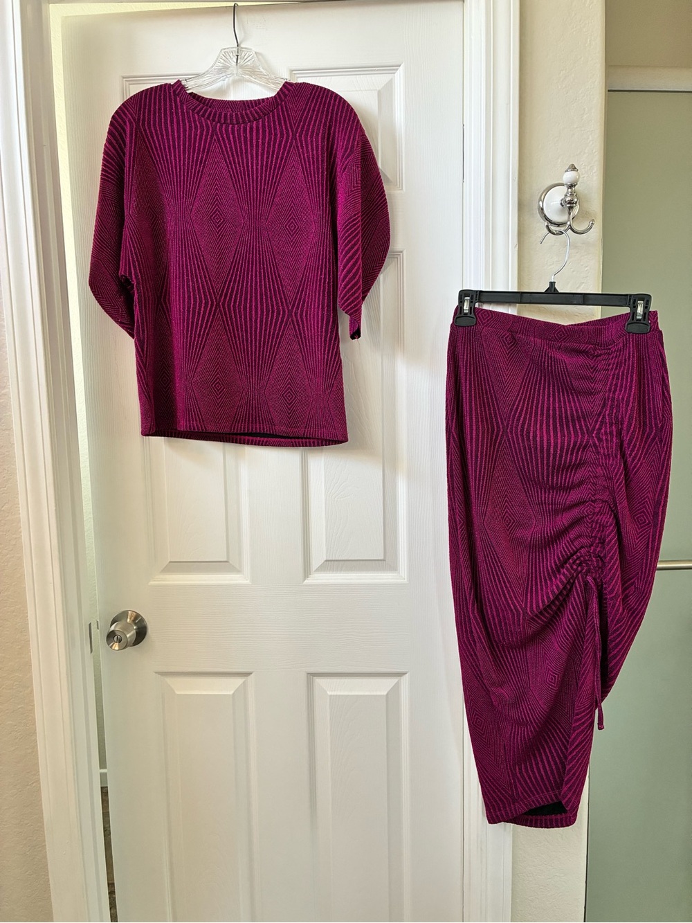 Zara Magenta Ribbed Midi Skirt set with Ruched Detail and asymmetrical cut